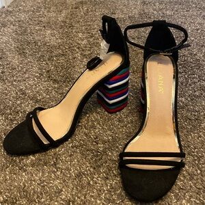 Liliana Multi Colored 3.5” Blocked Heel Black Ankle Strap Shoes sz 9 NEW